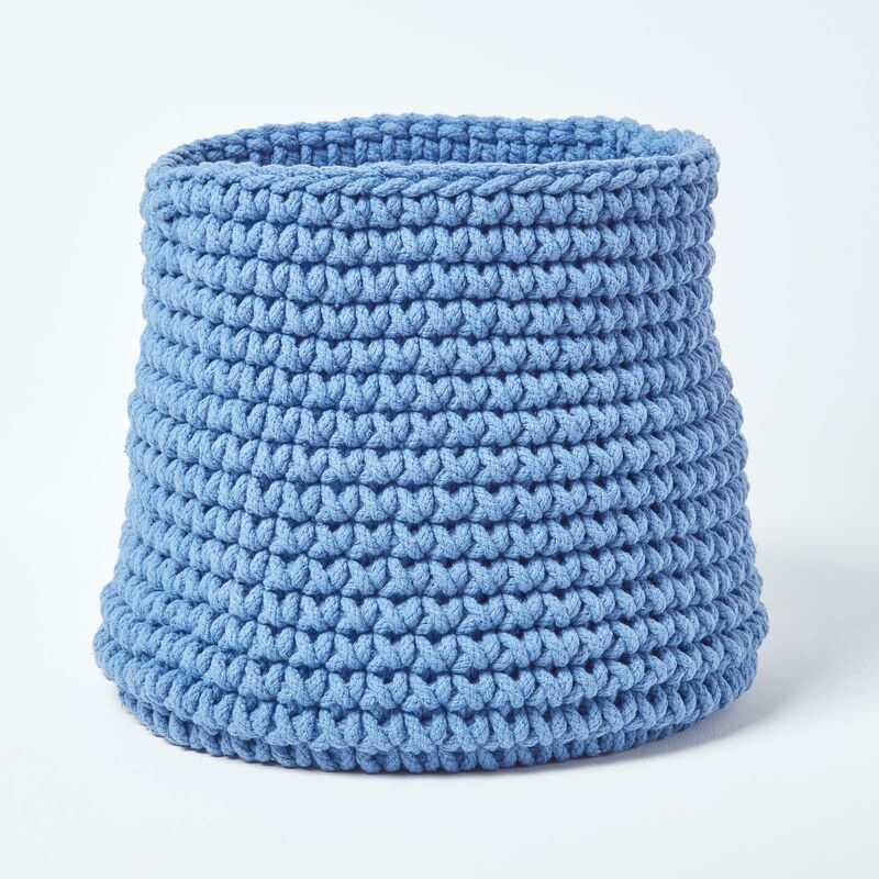 Blue Cotton Knitted Round Storage Basket, 42 x 37cm - Blue - Homescapes