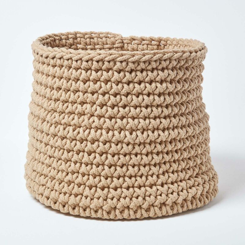 Linen Cotton Knitted Round Storage Basket, 42 x 37 cm - Linen - Homescapes