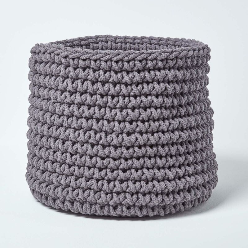 Grey Cotton Knitted Round Storage Basket, 42 x 37 cm - Grey - Homescapes