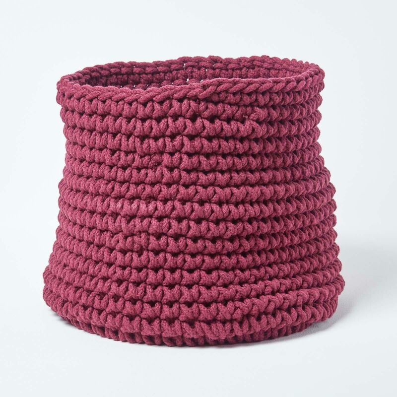 Plum Cotton Knitted Round Storage Basket, 42 x 37cm - Plum - Homescapes