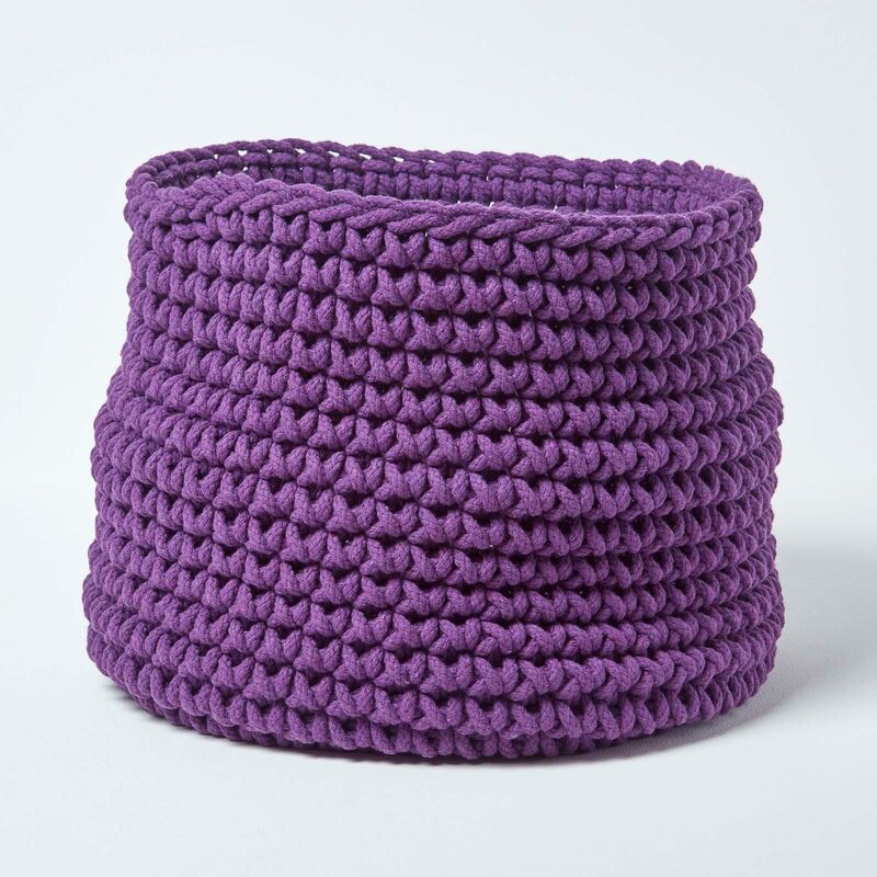 Deep Purple Cotton Knitted Round Storage Basket, 42 x 37 cm - Purple - Homescapes