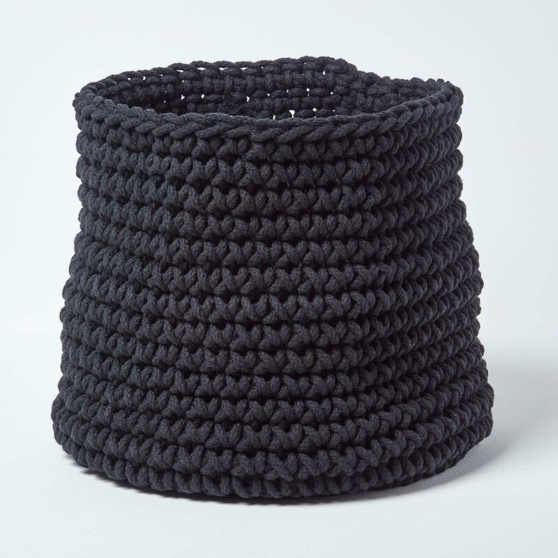 Black Cotton Knitted Round Storage Basket, 42 x 37 cm - Black - Homescapes