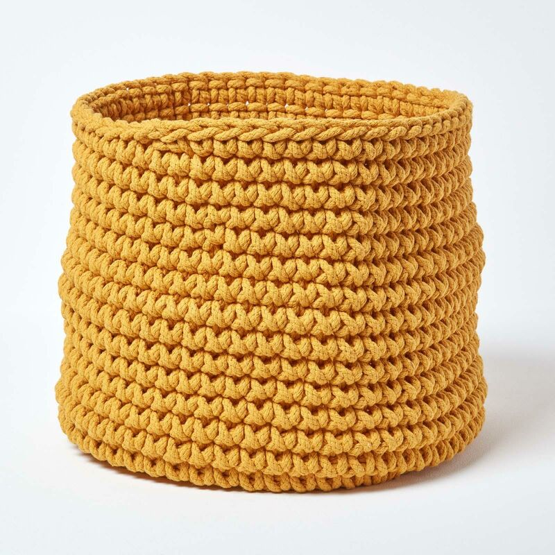 Yellow Cotton Knitted Round Storage Basket, 42 x 37 cm - Mustard - Homescapes