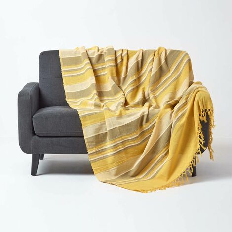 HOMESCAPES Cotton Morocco Striped Yellow Throw, 150 x 200 cm - Yellow