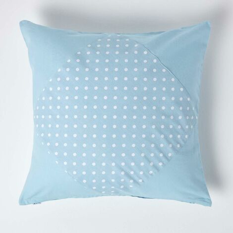 HOMESCAPES Cotton Plain Blue and Polka Dots Cushion Cover, 45 x 45 cm - Blue