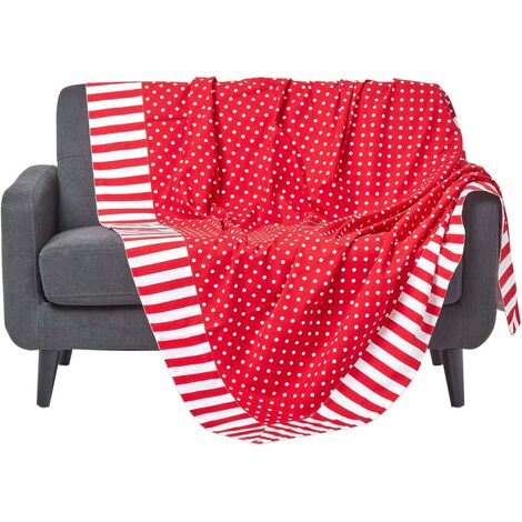 HOMESCAPES Cotton Red Polka Dots and Stripes Sofa Throw - Red