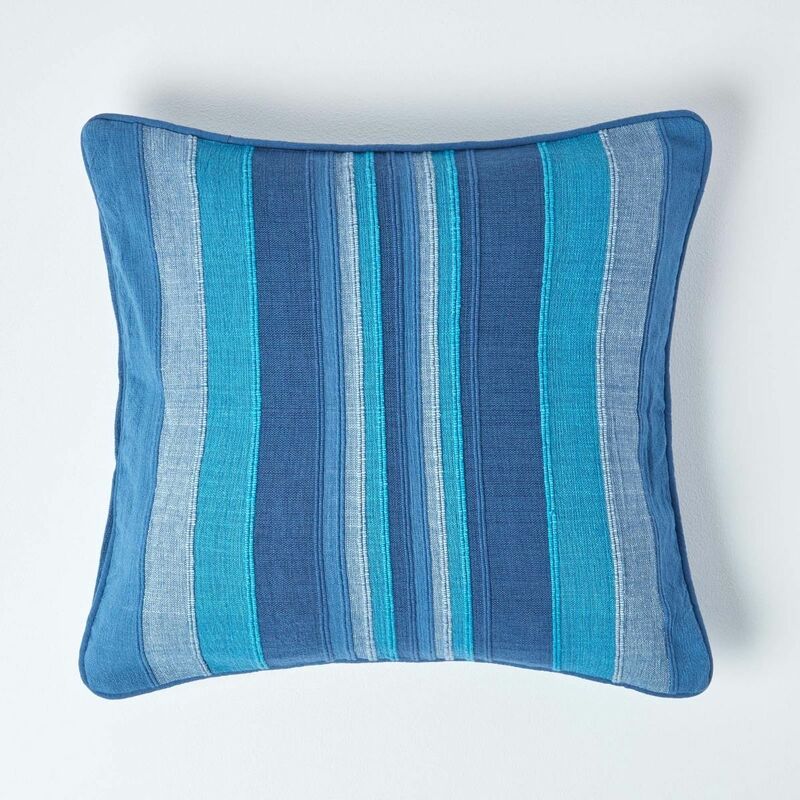 Homescapes Cotton Striped Blue Cushion Cover Morocco, 60 x 60 cm