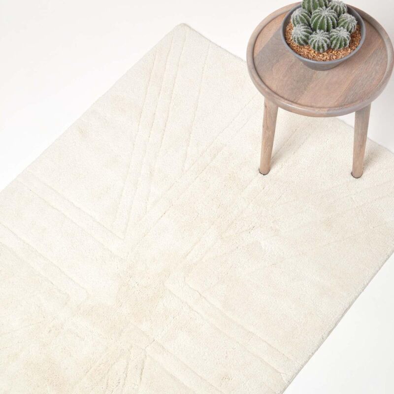 Homescapes - Cotton Tufted Rug Union Jack Plain Embossed Mat Ivory Cream, 50 X 80 Cm