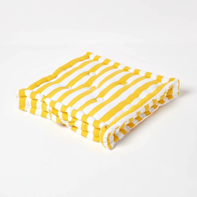 Homescapes - Cotton Yellow Thick Stripe Floor Cushion, 40 X 40 Cm - Yellow
