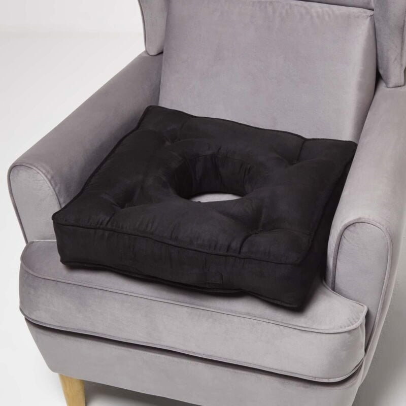 Homescapes - Coussin bouée rehausseur en suédine Noir, 50 x 50 x 10 cm