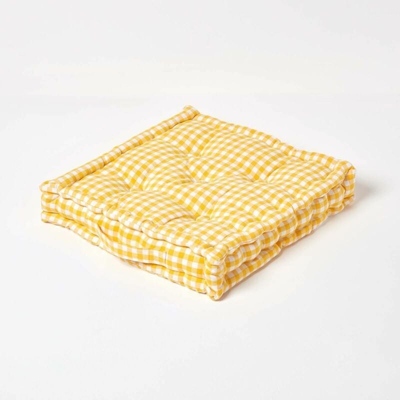 Coussin de sol Jaune - Carreaux Vichy - 50 x 50 cm - Homescapes