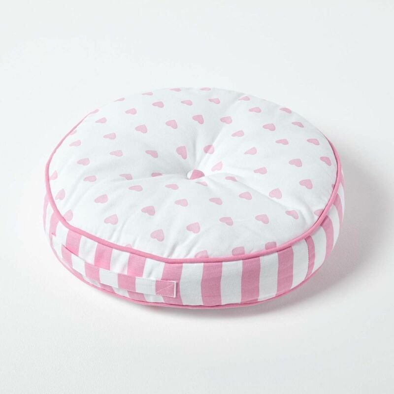 HOMESCAPES Coussin de sol rond pour enfants rose et blanc à motif coeurs Ø 43 cm