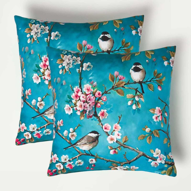 HOMESCAPES Coussin d'extérieur imperméable bleu Oiseaux, 45 x 45 cm – Lot de 2
