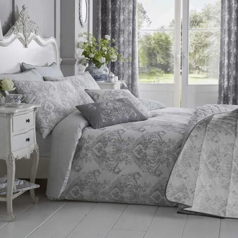 HOMESCAPES Couvre-lit Gris Toile de Jouy en polycoton, 200 x 200 cm