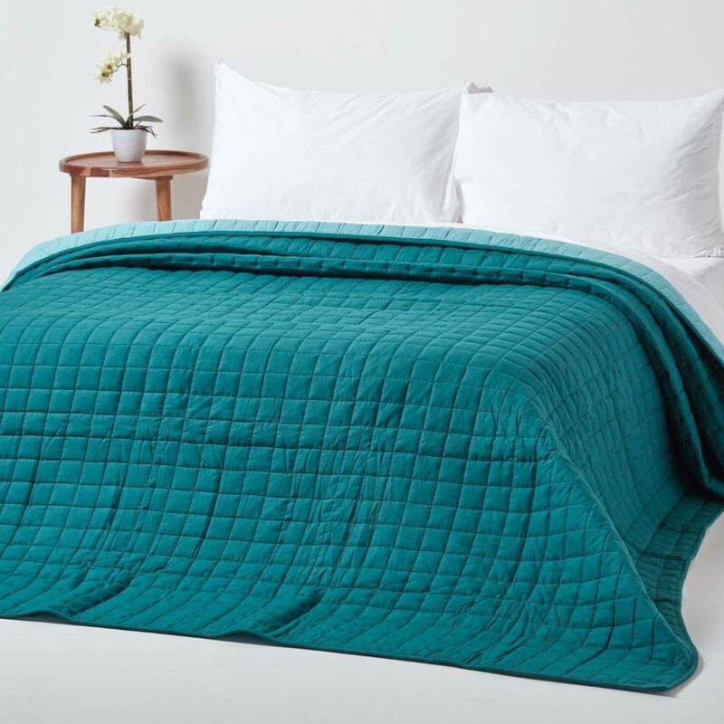 Couvre-lit matelassé bicolore & réversible en coton - Vert & Turquoise - 200 x 200 cm - Homescapes