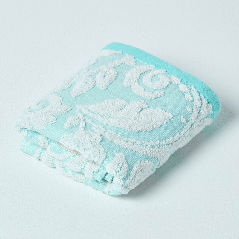 Damask Turkish Cotton 600 gsm Guest Towel, Aqua - Blue - Homescapes