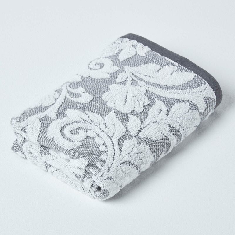 Damask Turkish Cotton 600 gsm Hand Towel, Silver - Homescapes