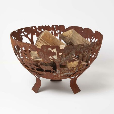 HOMESCAPES Decorative Fire Bowl with Laser Cut Woodland Scene - Brown - Brown