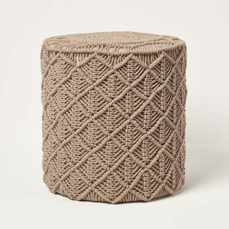 HOMESCAPES Delilah - Makramee-Pouf rund - hellbraun, 40 x 42 cm