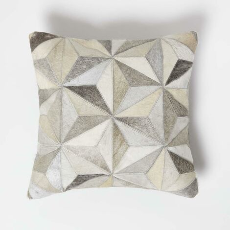 HOMESCAPES Fellkissen 45 x 45 cm geometrisch - Patchwork Kissen aus Fell & Leder mehrfarbig-grau