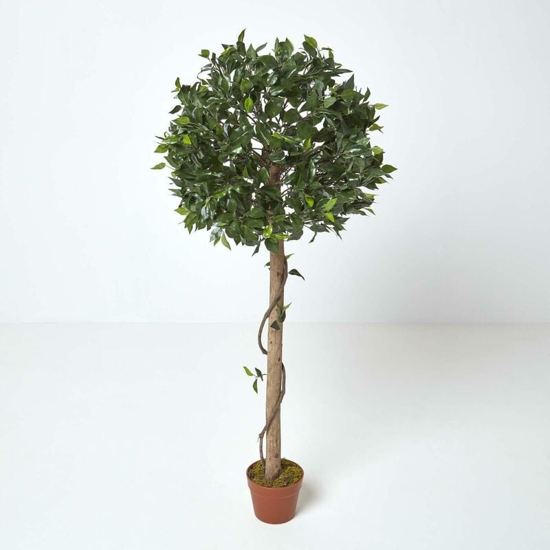 Homescapes - Ficus topiaire artificiel en pot, 125 cm - Plante verte et pot marron