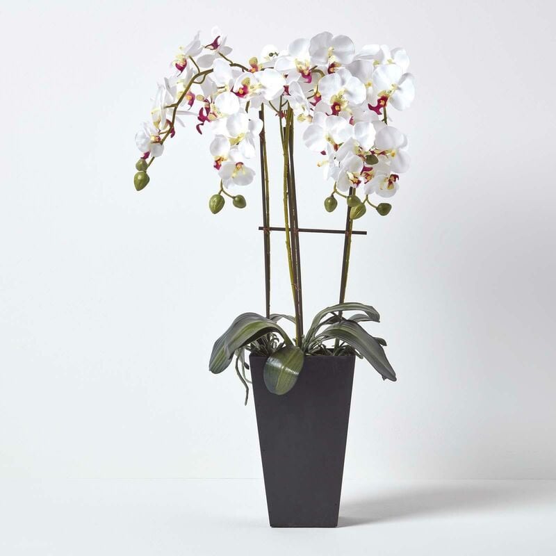 Homescapes - Fleur artificielle Orchidée coloris Blanc Pot Cubico Noir 70 cm - Blanc