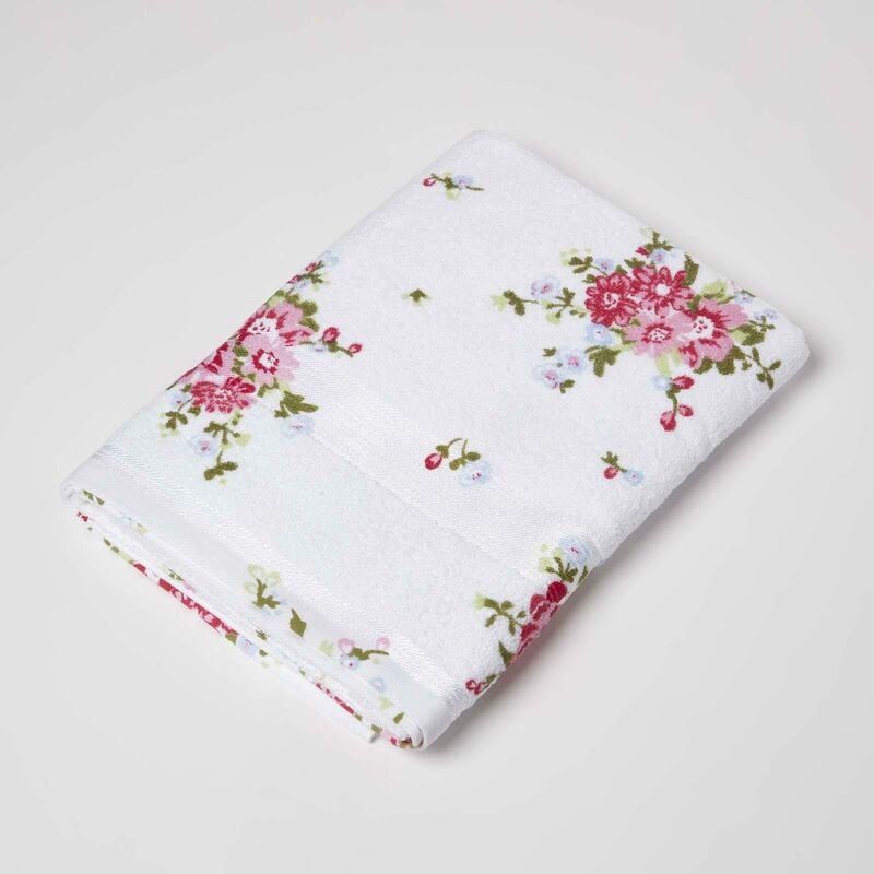 Floral Printed White Bath Towel 100% Cotton - White - Homescapes