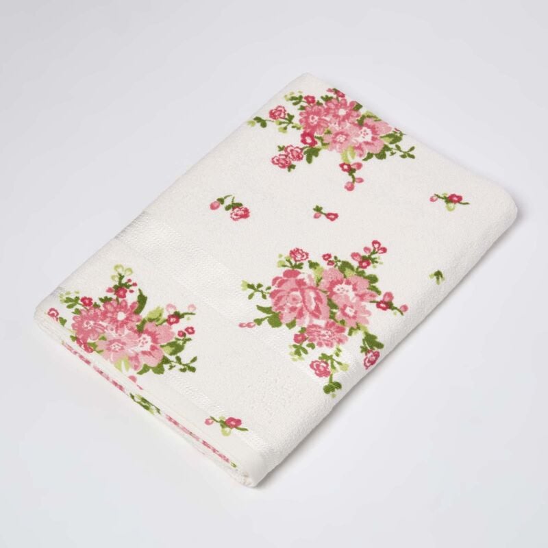 Floral Printed Cream Bath Sheet 100% Cotton - Homescapes