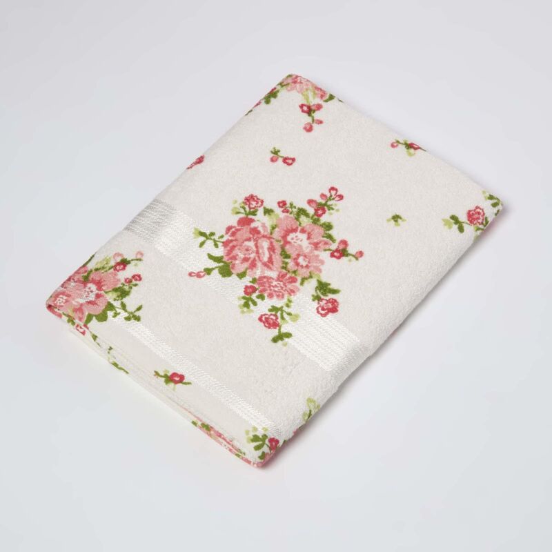 HOMESCAPES Floral Printed Cream Bath Towel 100% Cotton