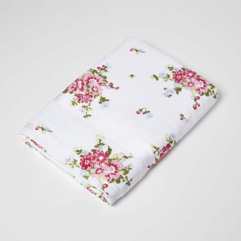 Floral Printed White Bath Sheet 100% Cotton - White - Homescapes