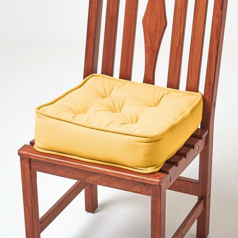 Homescapes - Galette de chaise coussin rehausseur en coton Jaune moutarde, 40 x 40 x 10 cm - Jaune Moutarde