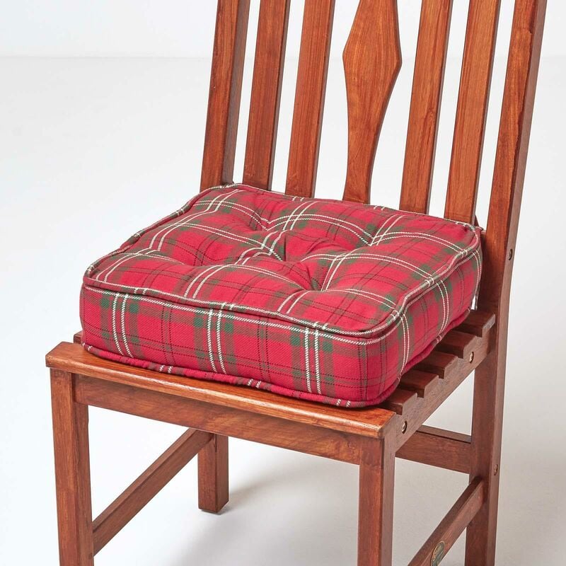 Homescapes - Galette de chaise coussin rehausseur en coton à carreaux écossais Rouge, 40 x 40 x 10 cm - Rouge