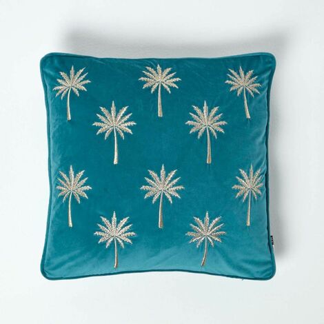 HOMESCAPES Gold Palm Tree Teal Velvet Cushion - Blue