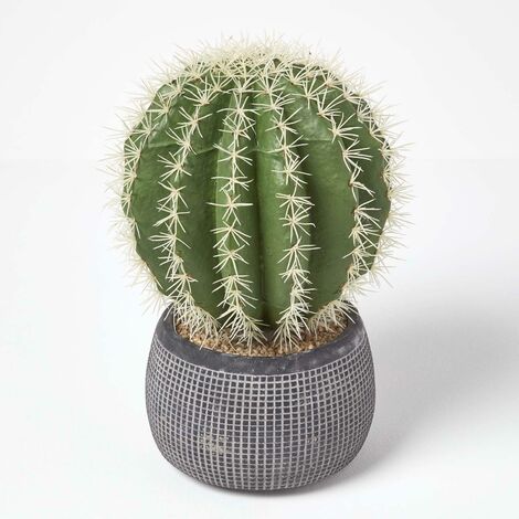 HOMESCAPES Golden Barrel Artificial Cactus in Textured Stone Grey Pot, 38 cm Tall - Green - Green