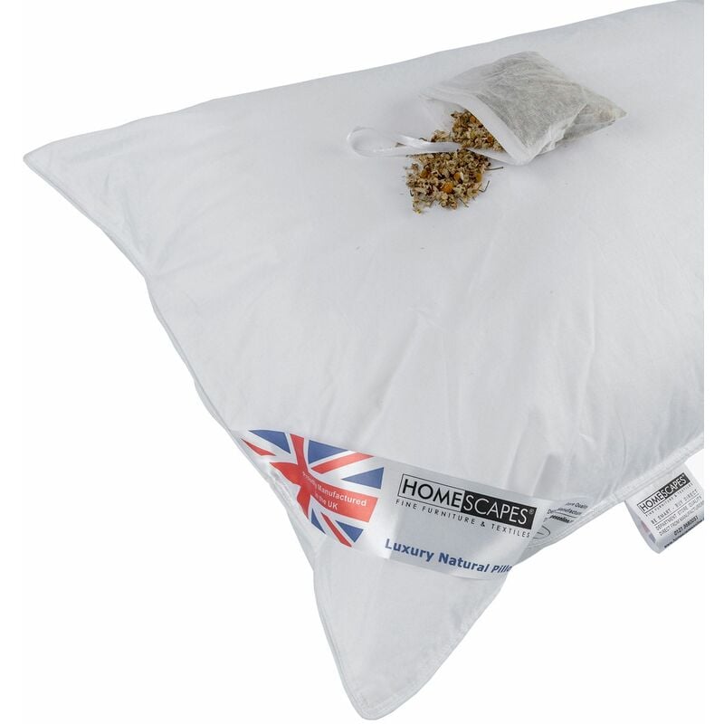 Homescapes - Goose Feather & Down Camomile Pillow with Dried Camomile Insert Extra Fill - White