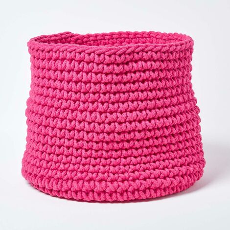 HOMESCAPES Grand Panier rond tressé en tricot Rose fuchsia - 42 x 37 cm
