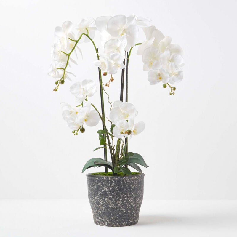 Homescapes Grande Orchidée artificielle blanche en pot en céramique foncé 82 cm