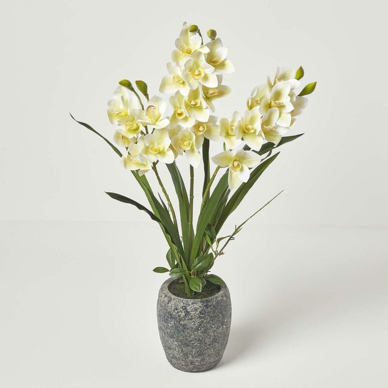 Homescapes - Grande Orchidée artificielle jaune en pot foncé en ciment 82 cm - Jaune