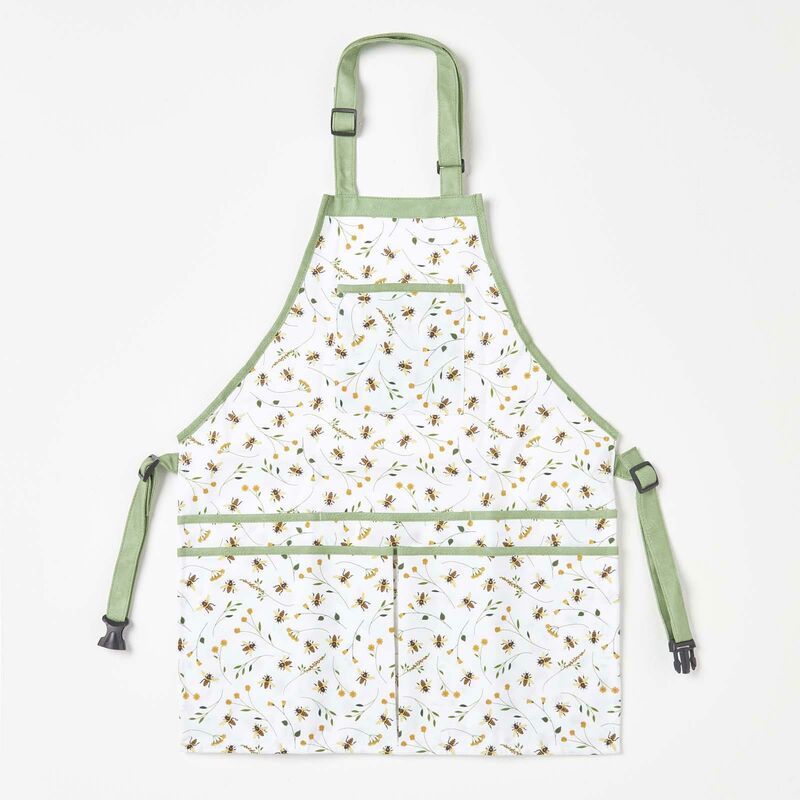 HOMESCAPES Green and White Gardening Apron with Floral Bee Design - Green and White - Green and White - Green and White