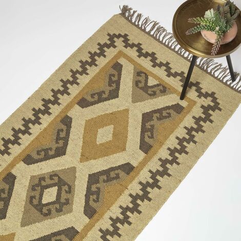 HOMESCAPES Handgewebter Jute Teppichläufer Ravar - 80 x 180 cm, Kelim-Muster beige-gold-braun