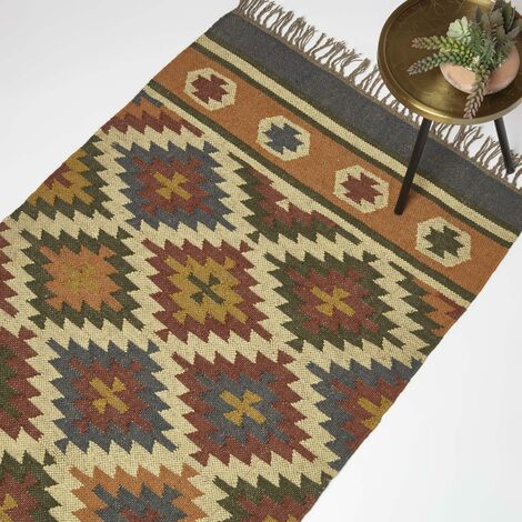 HOMESCAPES Handgewebter Juteteppich Lucea - 160 x 230 cm, Kelim-Muster orange-blau