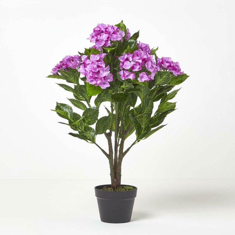 Homescapes - Hortensia artificiel lilas en pot, 85 cm - Plante verte avec des fleurs lilas