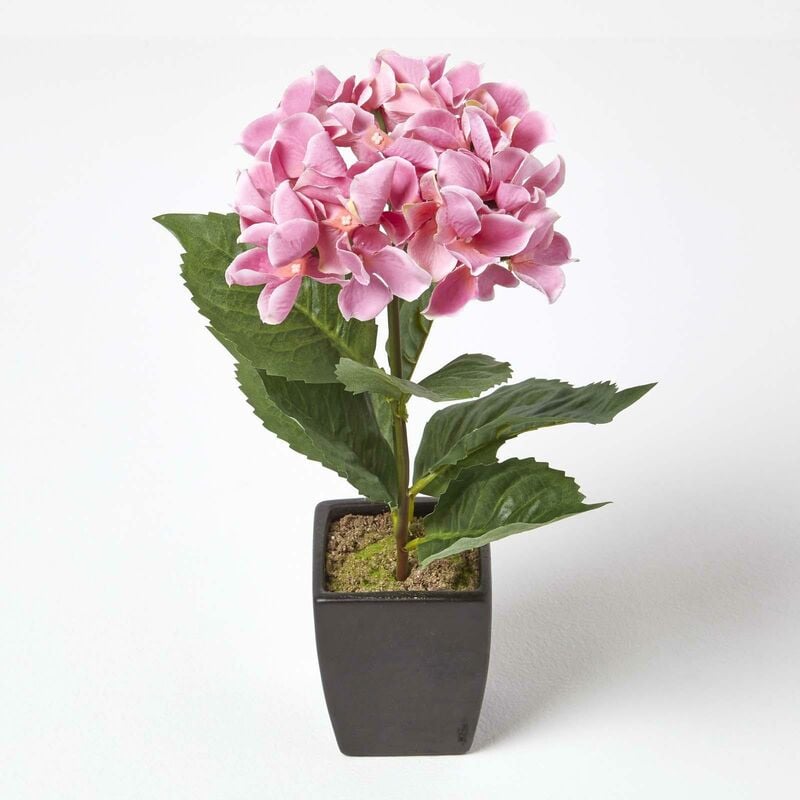 Homescapes - Hortensia artificiel rose en pot ivoire 38 cm - Rose
