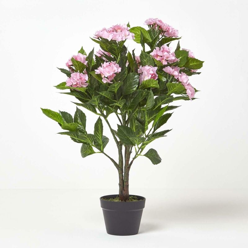 Homescapes - Hortensia artificiel rose en pot, 85 cm - Plante verte avec des fleurs roses