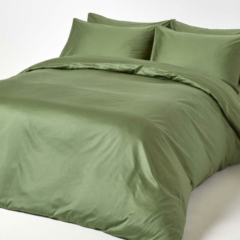 Homescapes - Housse de couette et taies d'oreiller unies coton égyptien Bio 400 fils Vert mousse 135 x 200 cm