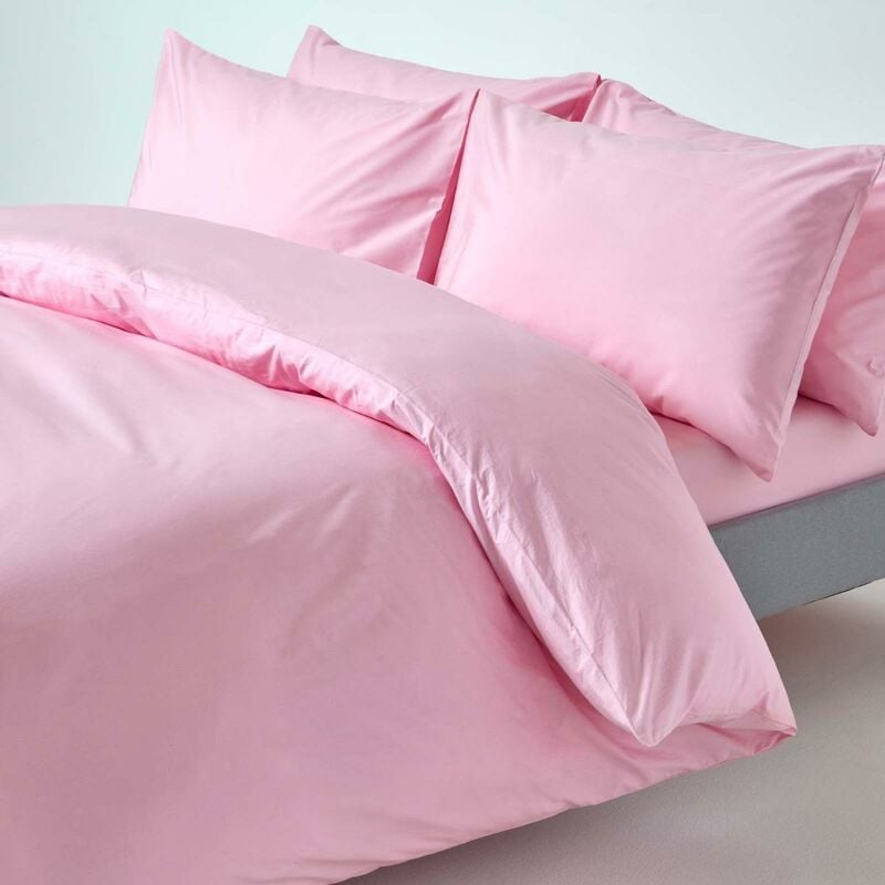 Housse de couette et taies d'oreiller unies en coton égyptien 200 fils Rose 135 x 200 cm - Homescapes