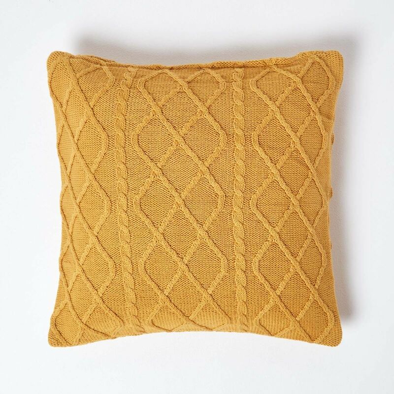 Housse de coussin en tricot maille torsadée Jaune moutarde, 45 x 45 cm - Homescapes