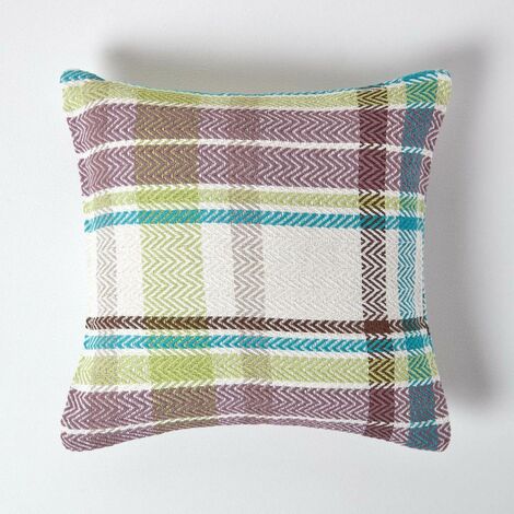 HOMESCAPES Housse de coussin Falun à carreaux verts en coton, 60 x 60 cm
