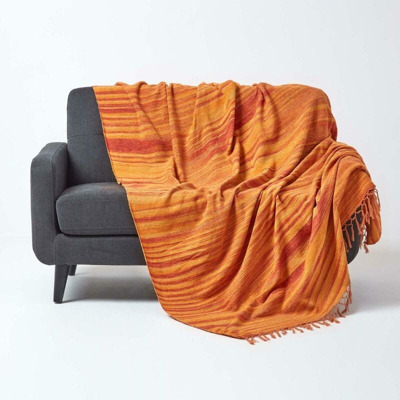 Jeté de lit ou de canapé en tissu chenille Orange foncé, 220 x 240 cm - Homescapes