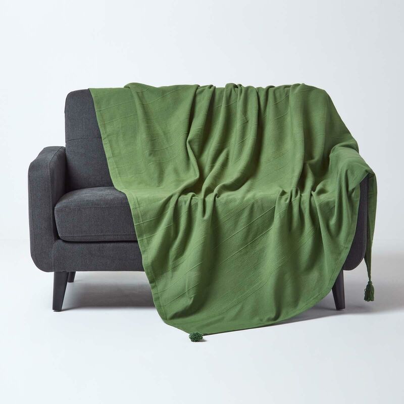 Homescapes Cotton Rajput Ribbed Throw in Dark Olive | Size: 150cm x 200cm